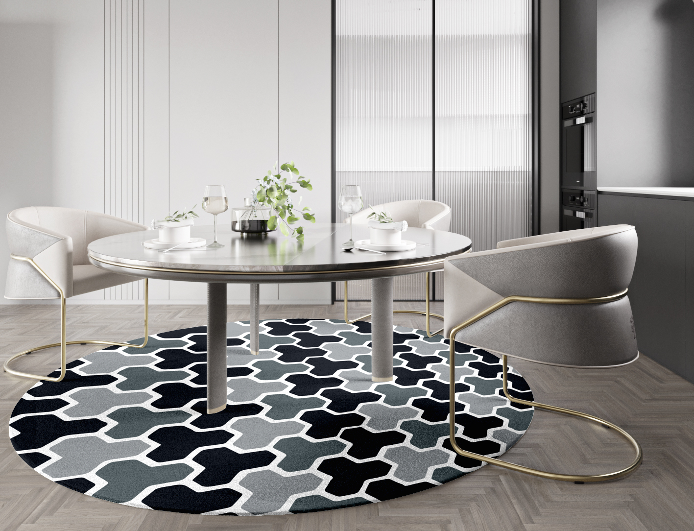Interlocks Monochrome Round Hand Knotted Tibetan Wool Custom Rug by Rug Artisan