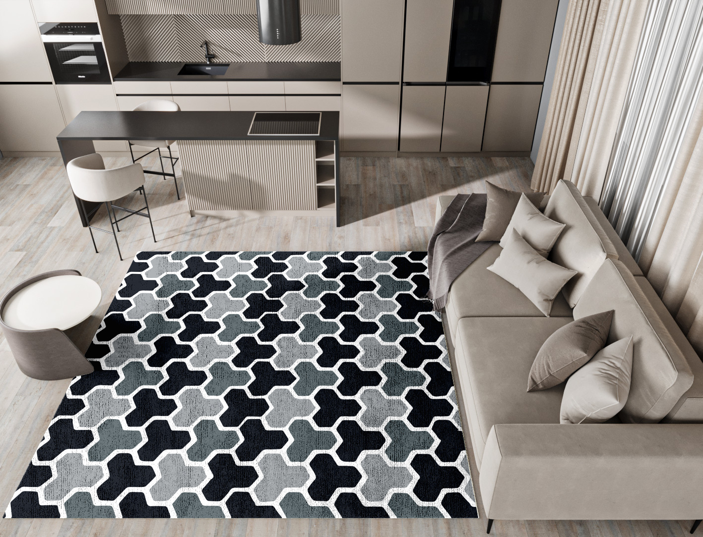 Interlocks Monochrome Square Hand Knotted Bamboo Silk Custom Rug by Rug Artisan