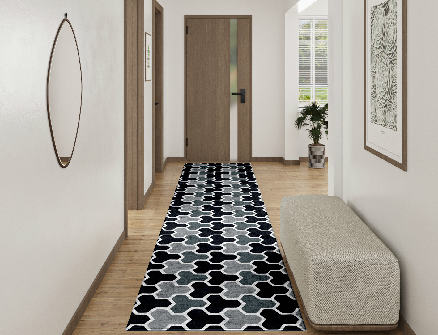 Interlocks Monochrome Runner Hand Tufted Bamboo Silk Custom Rug by Rug Artisan