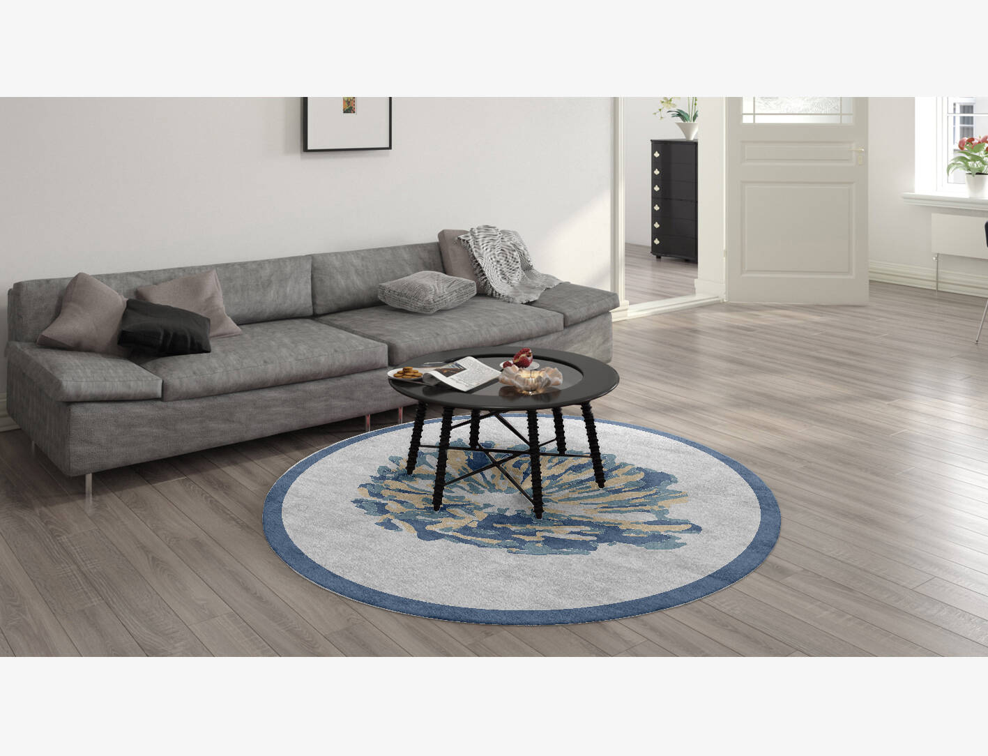 Laurels Cerulean Round Hand Knotted Bamboo Silk Custom Rug by Rug Artisan