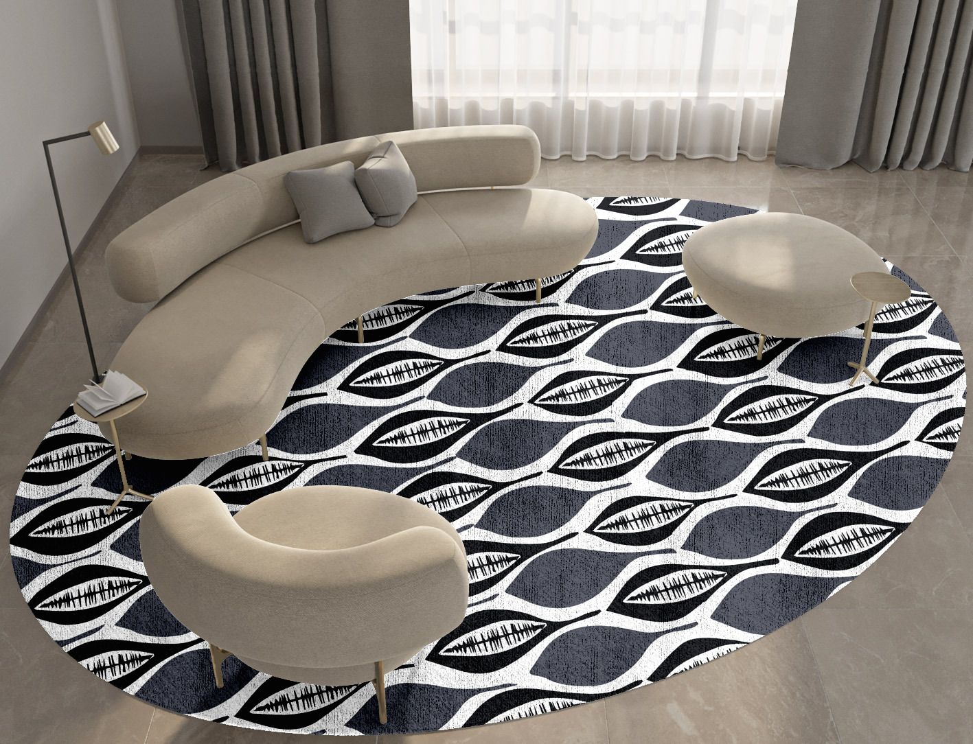 Leafwork Monochrome Oval Hand Knotted Bamboo Silk Custom Rug by Rug Artisan