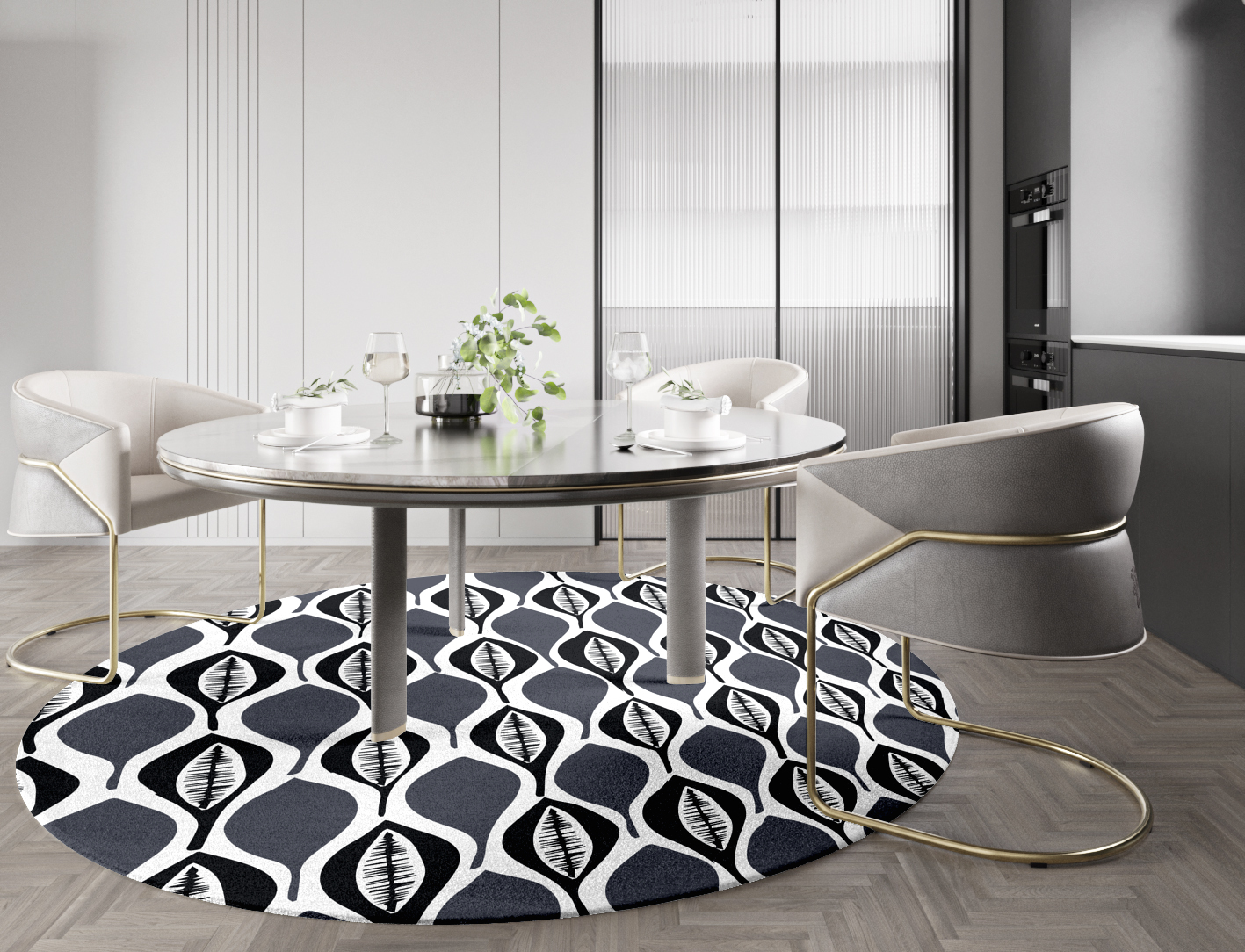 Leafwork Monochrome Round Hand Knotted Tibetan Wool Custom Rug by Rug Artisan