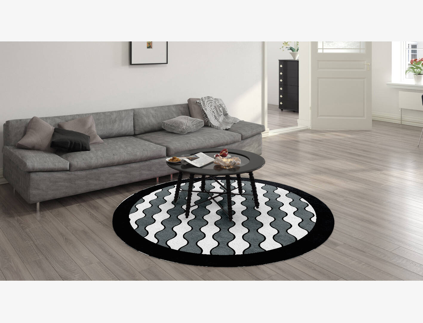 Lights Strings Monochrome Round Hand Knotted Bamboo Silk Custom Rug by Rug Artisan