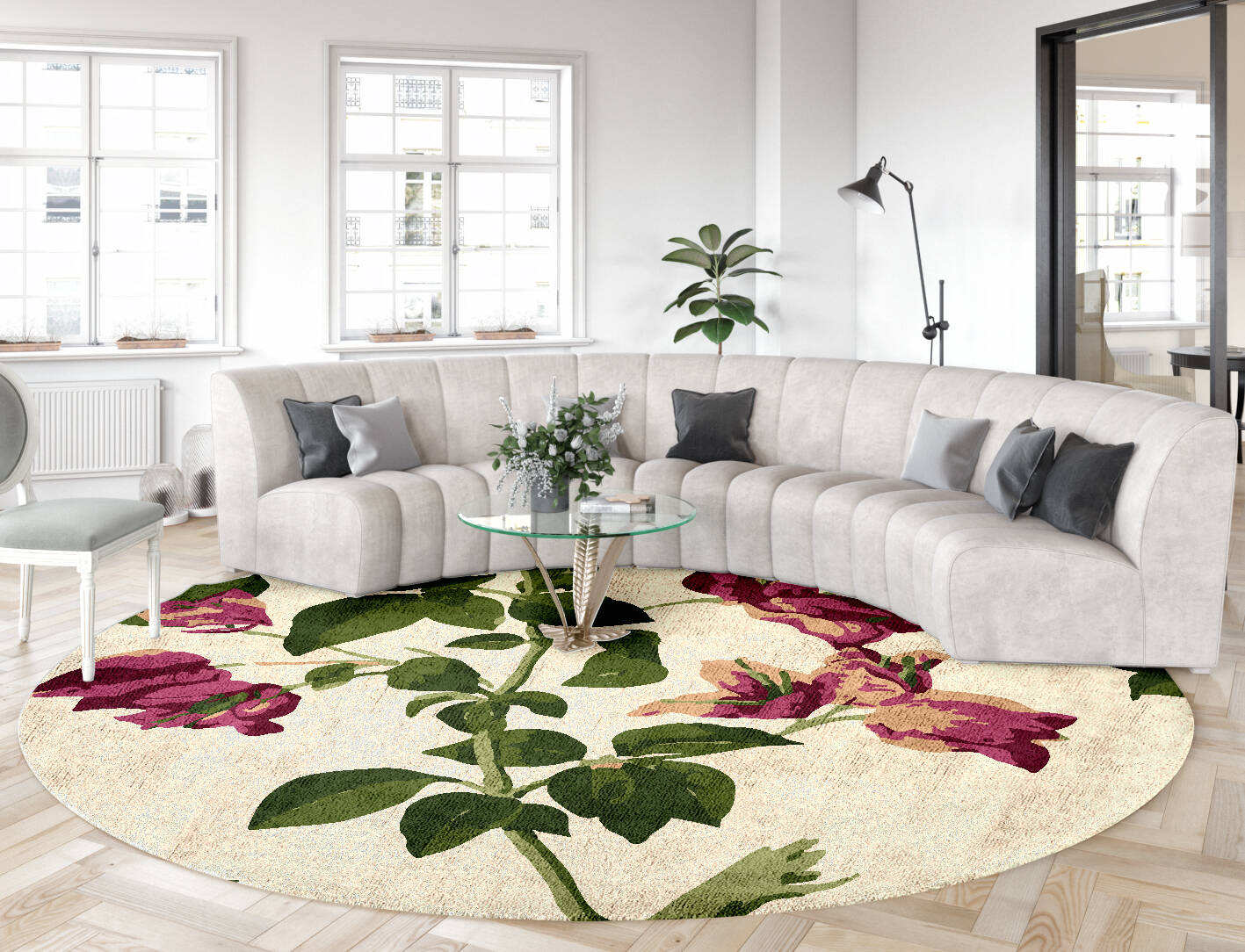 Morning Glory Floral Round Hand Tufted Bamboo Silk Custom Rug by Rug Artisan