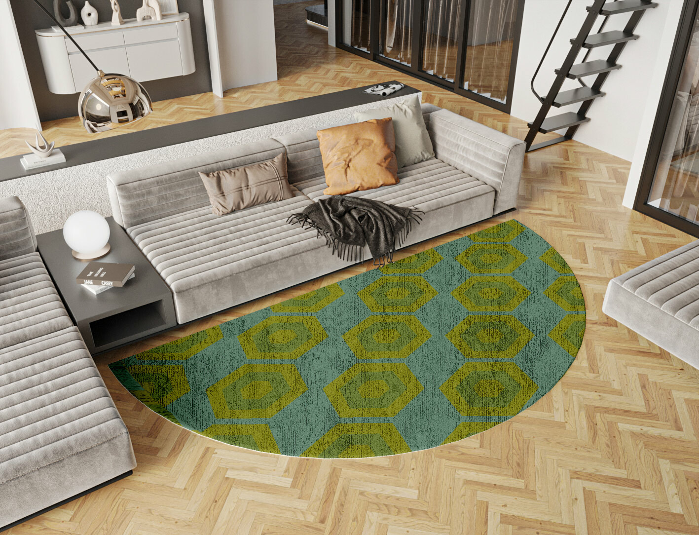 Orb Geometric Halfmoon Hand Tufted Bamboo Silk Custom Rug by Rug Artisan