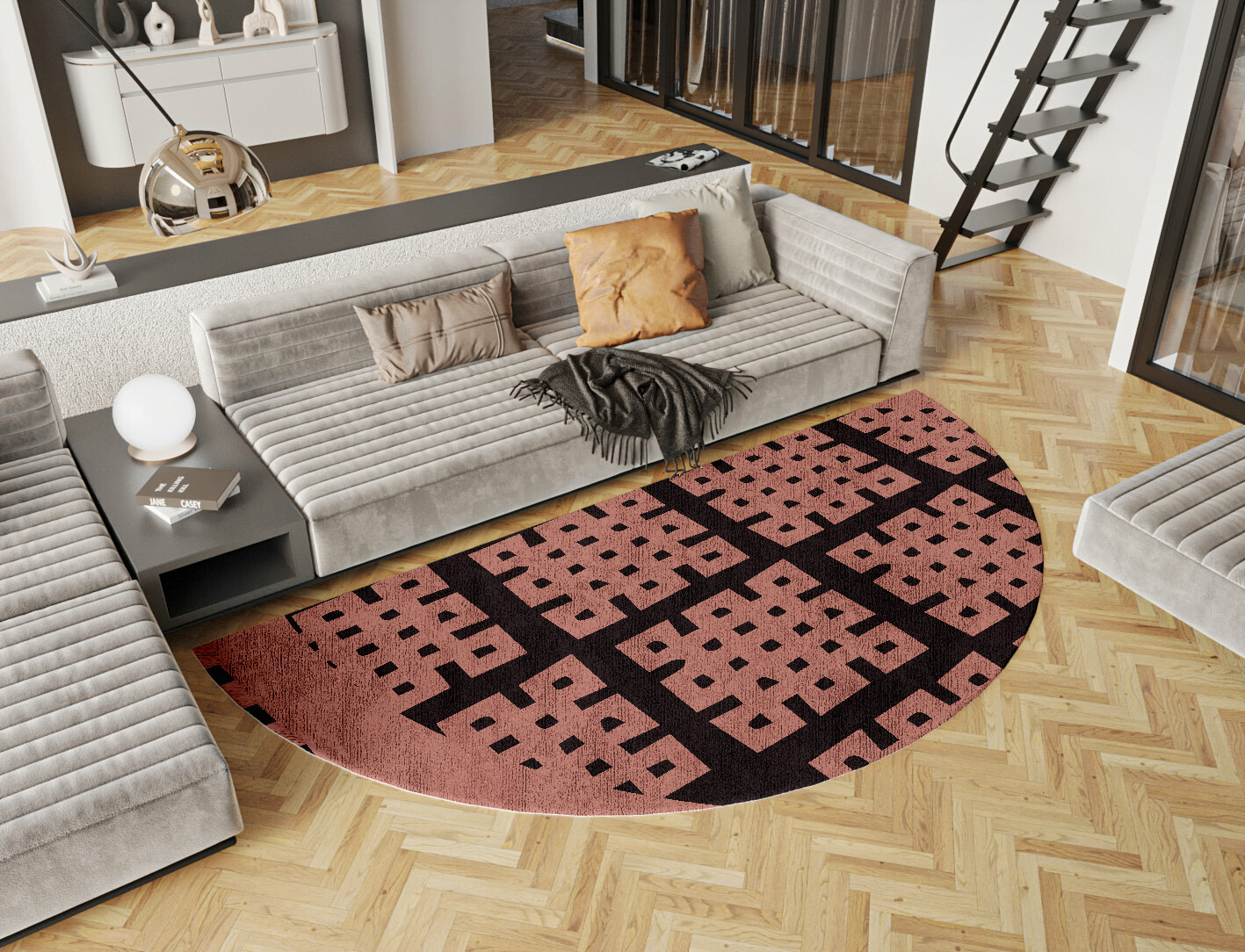 Plexus Geometric Halfmoon Hand Tufted Bamboo Silk Custom Rug by Rug Artisan