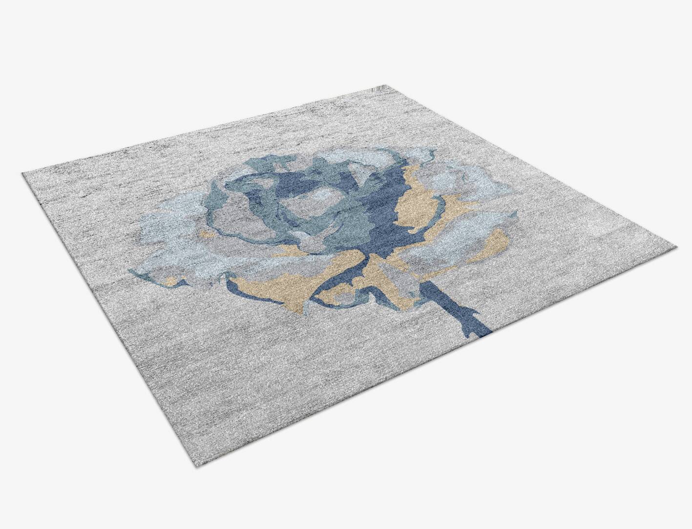 Posy Cerulean Square Hand Knotted Bamboo Silk Custom Rug by Rug Artisan