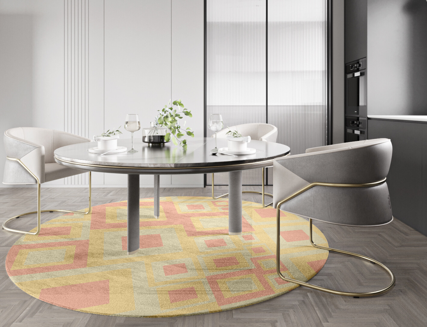 Quad Geometric Round Hand Knotted Bamboo Silk Custom Rug by Rug Artisan