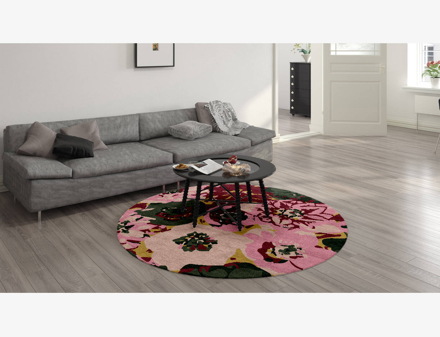 Raspberry Floral Round Hand Knotted Bamboo Silk Custom Rug by Rug Artisan