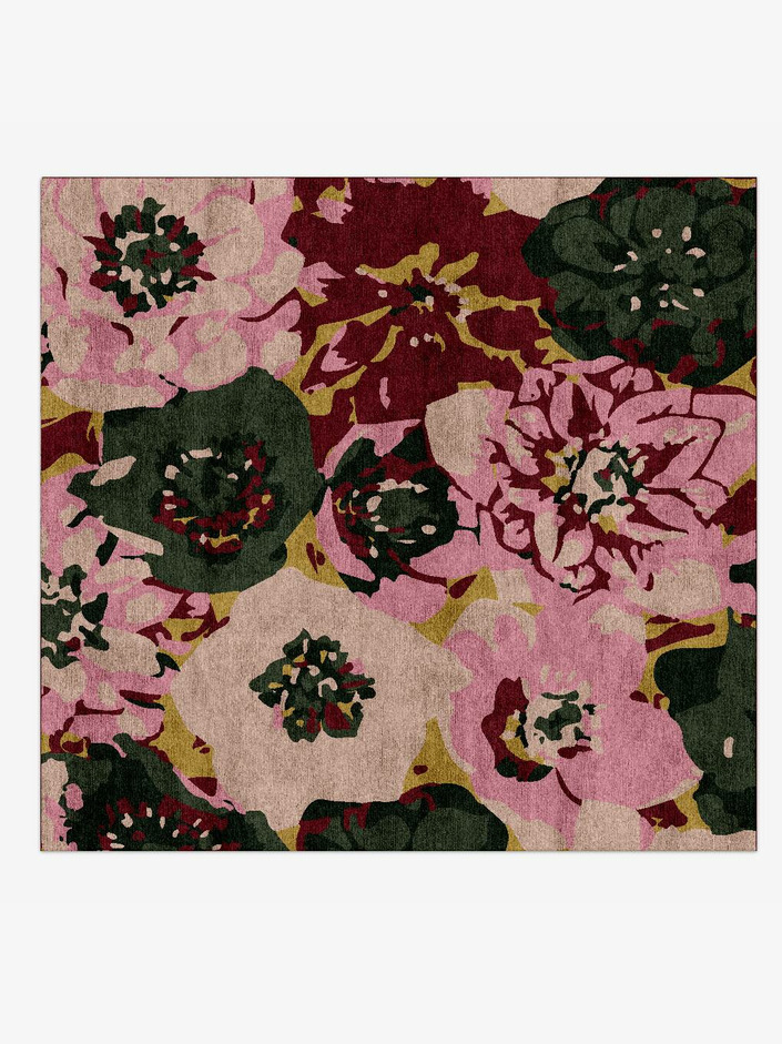 Raspberry Floral Square Hand Knotted Bamboo Silk Custom Rug by Rug Artisan
