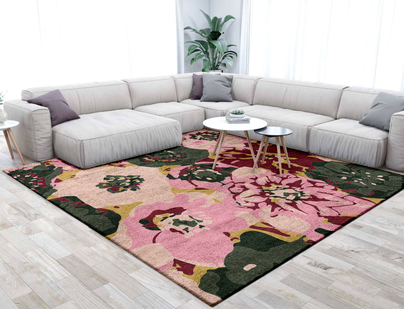 Raspberry Floral Square Hand Tufted Bamboo Silk Custom Rug by Rug Artisan