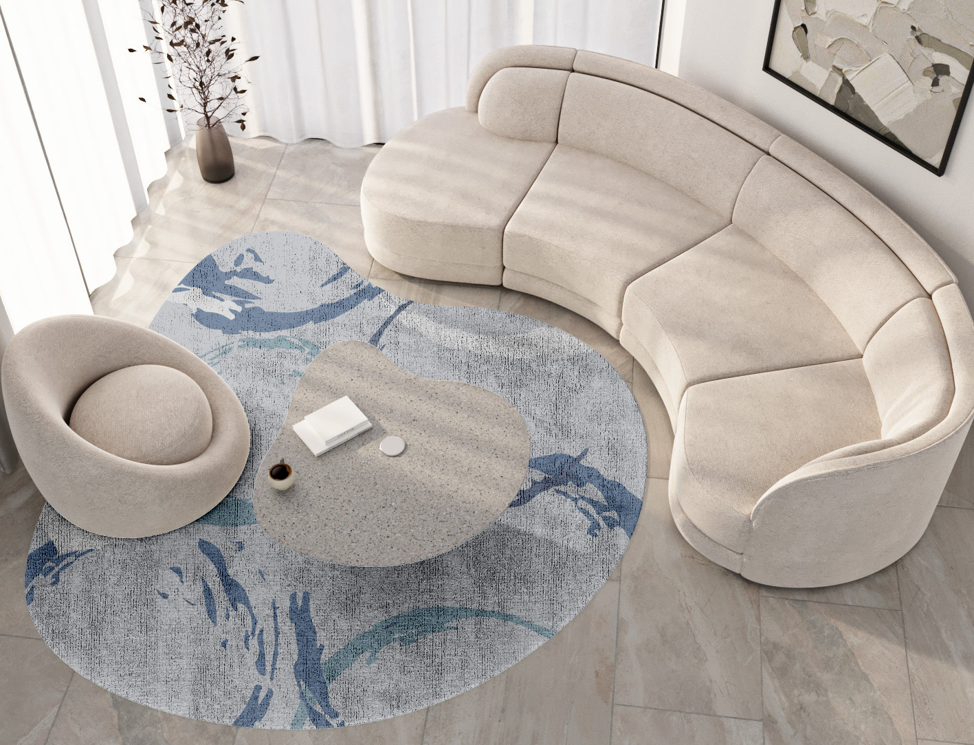 Rebus Cerulean Splash Hand Knotted Bamboo Silk Custom Rug by Rug Artisan