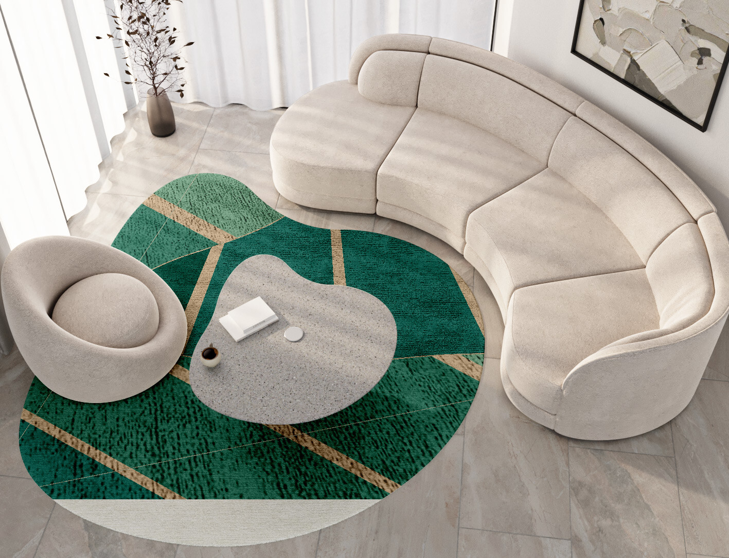 Sage Geometric Splash Hand Tufted Bamboo Silk Custom Rug by Rug Artisan