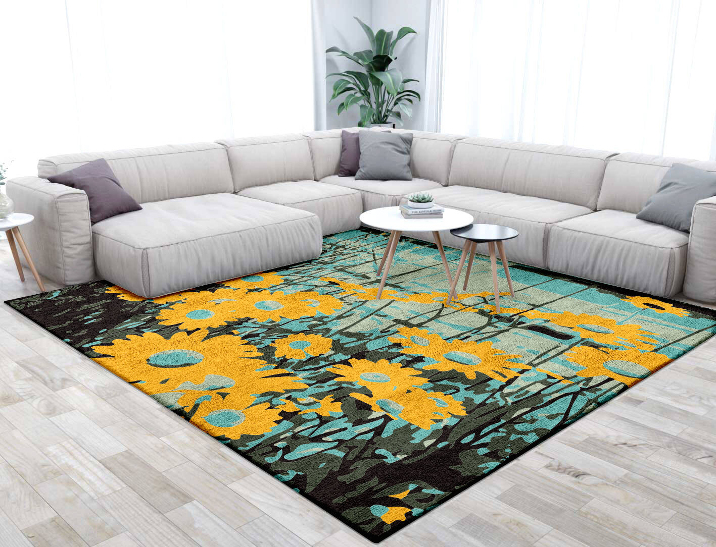 Sea View Floral Square Hand Tufted Bamboo Silk Custom Rug by Rug Artisan