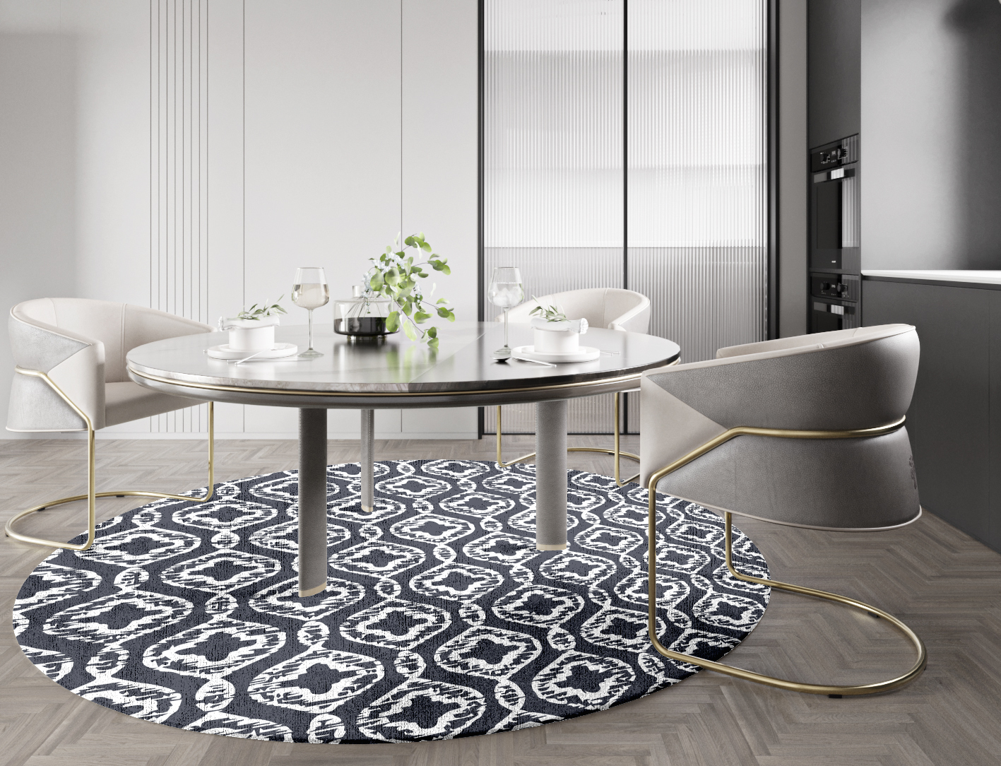 Silver Scale Monochrome Round Hand Knotted Bamboo Silk Custom Rug by Rug Artisan