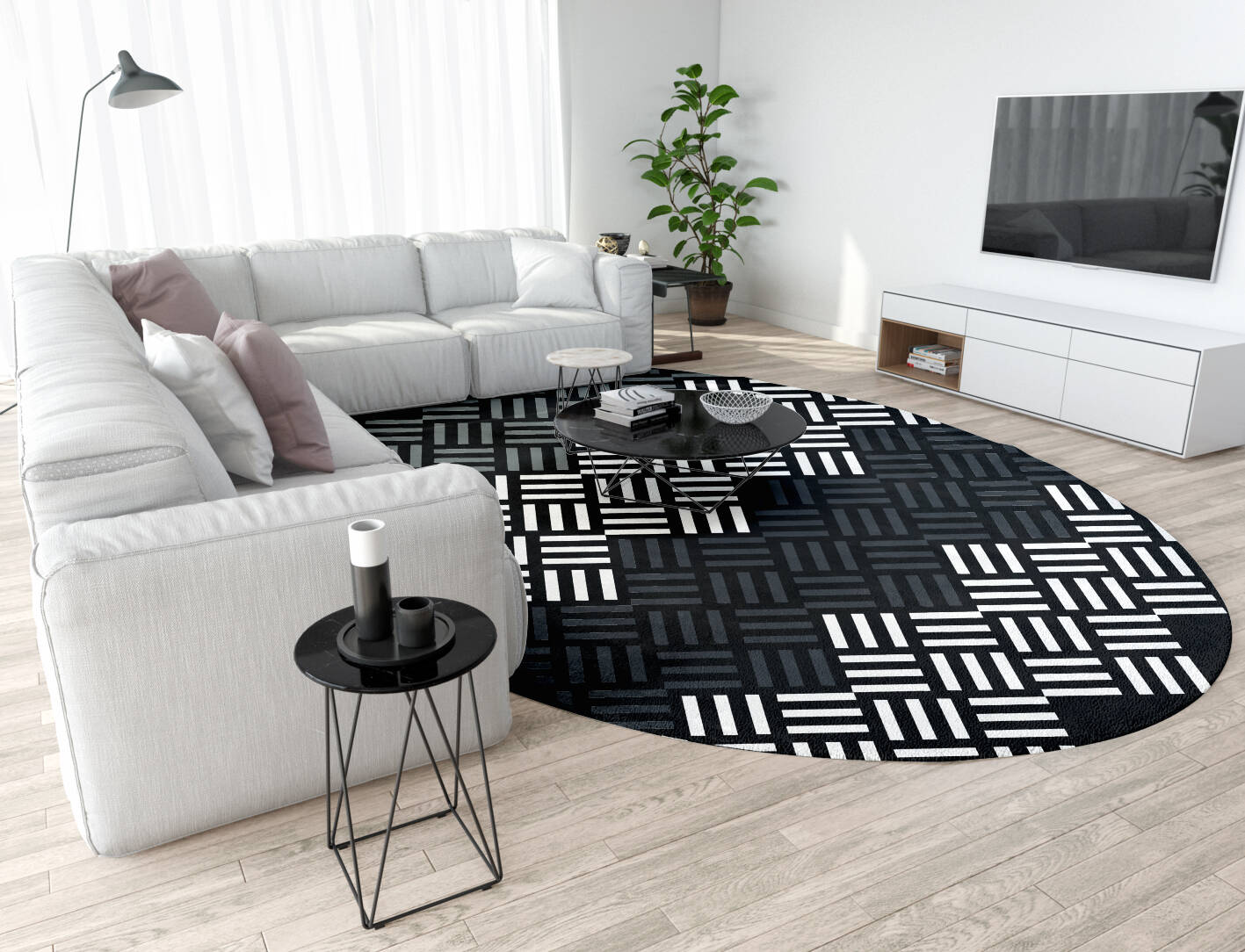 Slate Chequer Monochrome Oval Hand Tufted Pure Wool Custom Rug by Rug Artisan