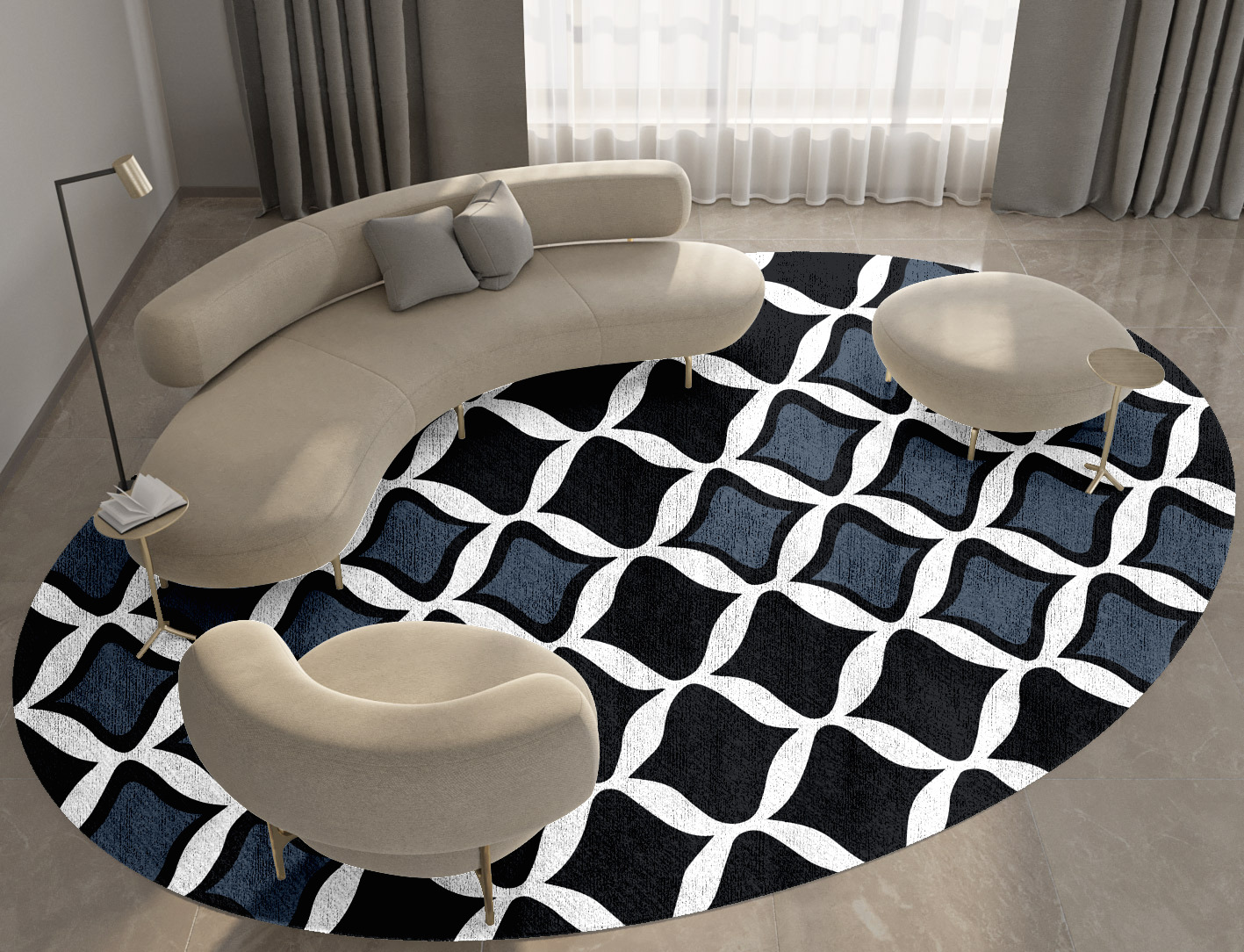 Smokey Hive Monochrome Oval Hand Knotted Bamboo Silk Custom Rug by Rug Artisan