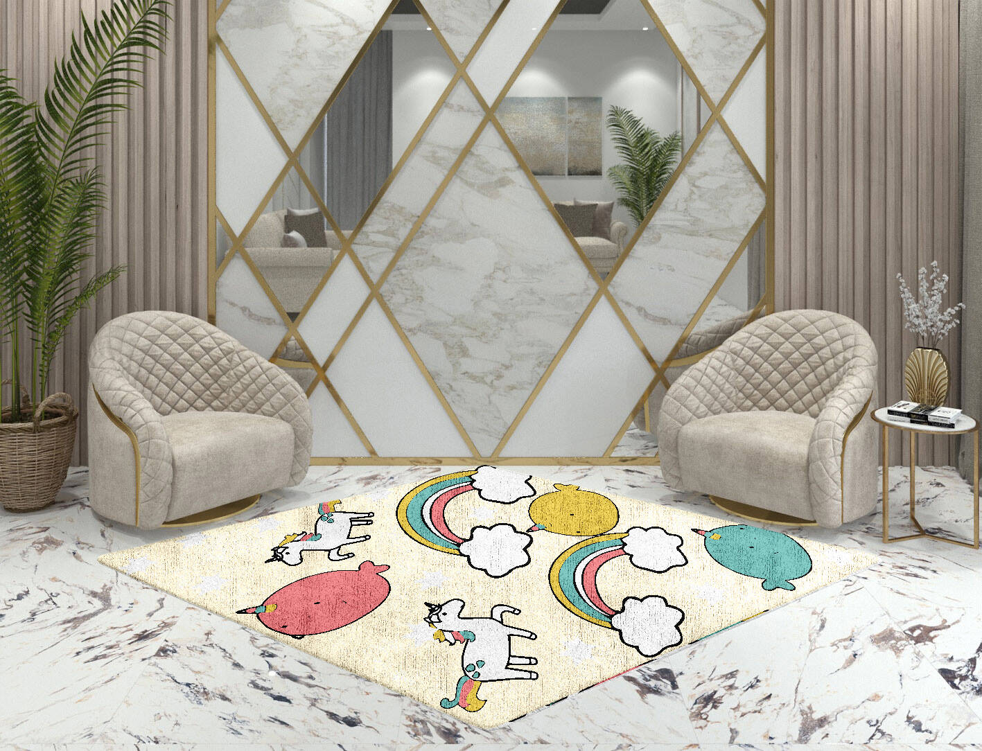 Space Unicorns Kids Diamond Hand Tufted Bamboo Silk Custom Rug by Rug Artisan