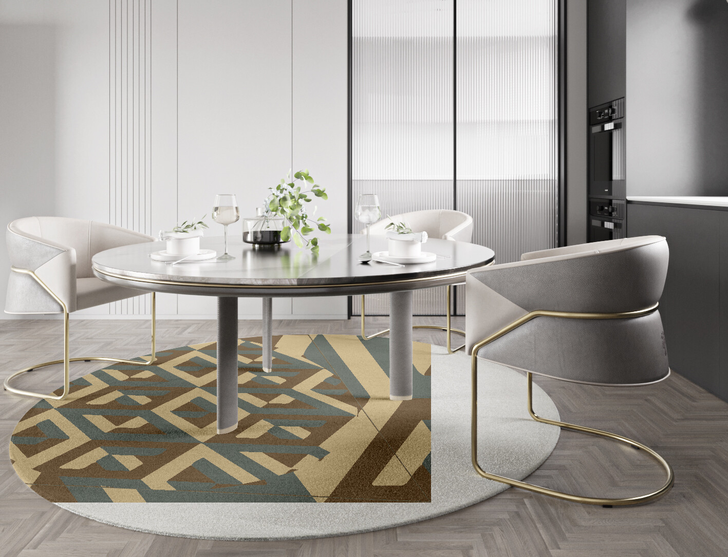 Structures Geometric Round Hand Knotted Tibetan Wool Custom Rug by Rug Artisan