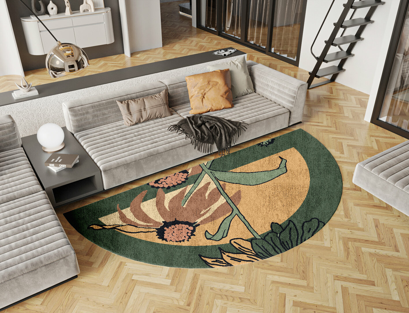 Tithonia Field of Flowers Halfmoon Hand Knotted Bamboo Silk Custom Rug by Rug Artisan