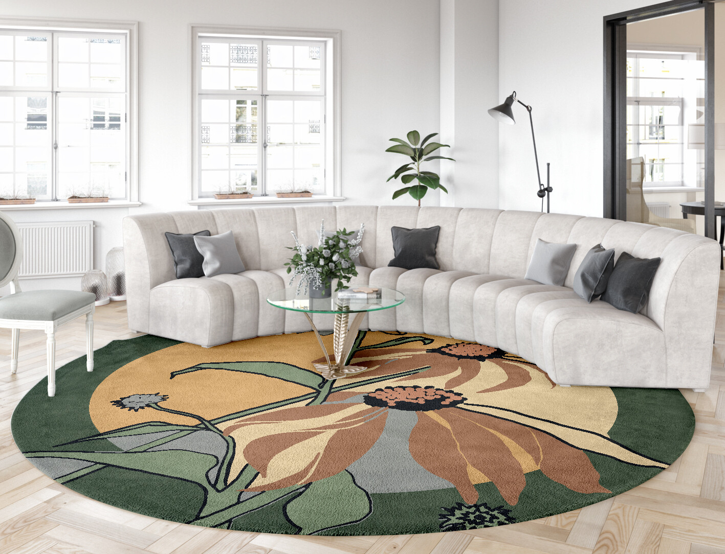 Tithonia Field of Flowers Round Hand Tufted Pure Wool Custom Rug by Rug Artisan