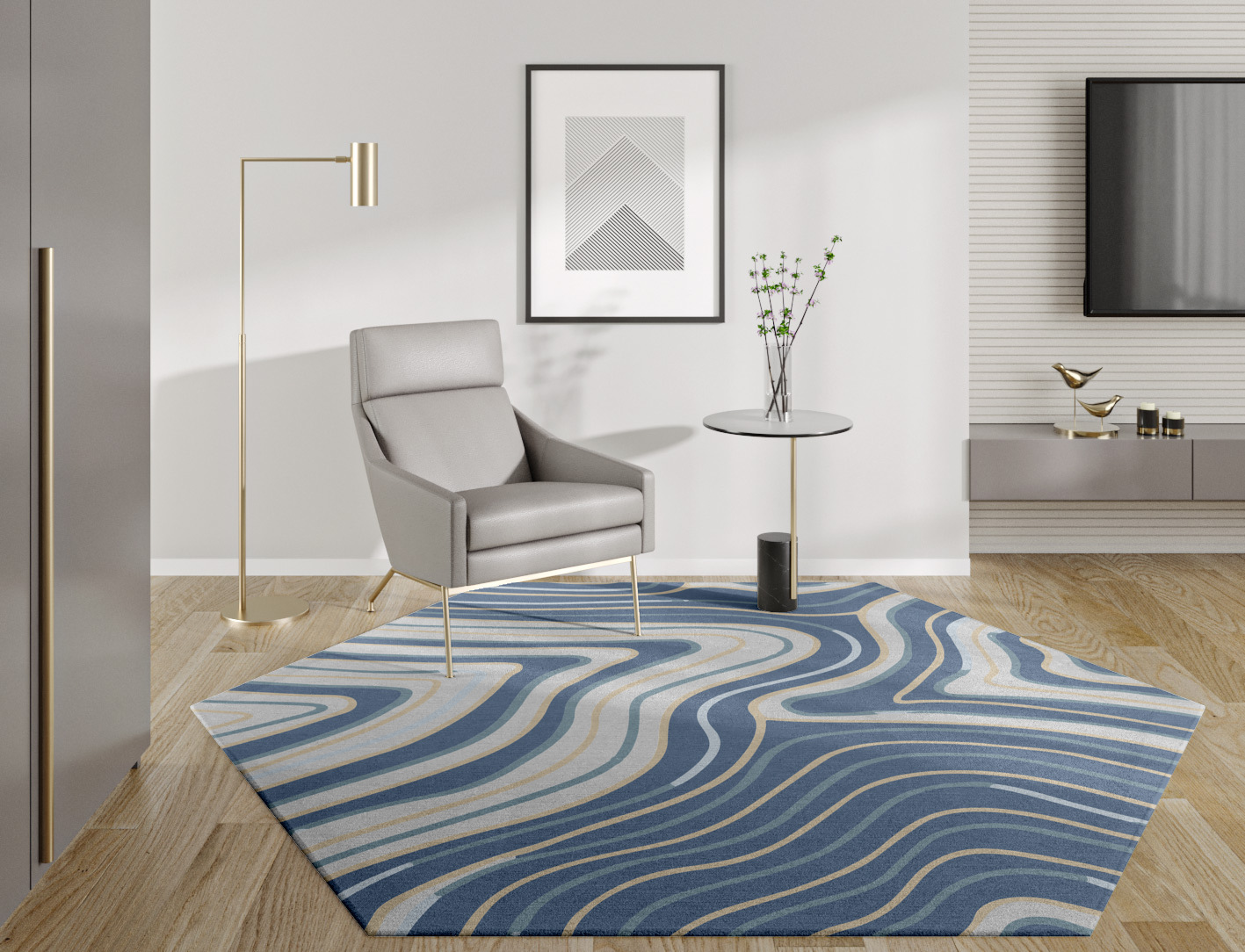 Tread Cerulean Hexagon Hand Knotted Tibetan Wool Custom Rug by Rug Artisan