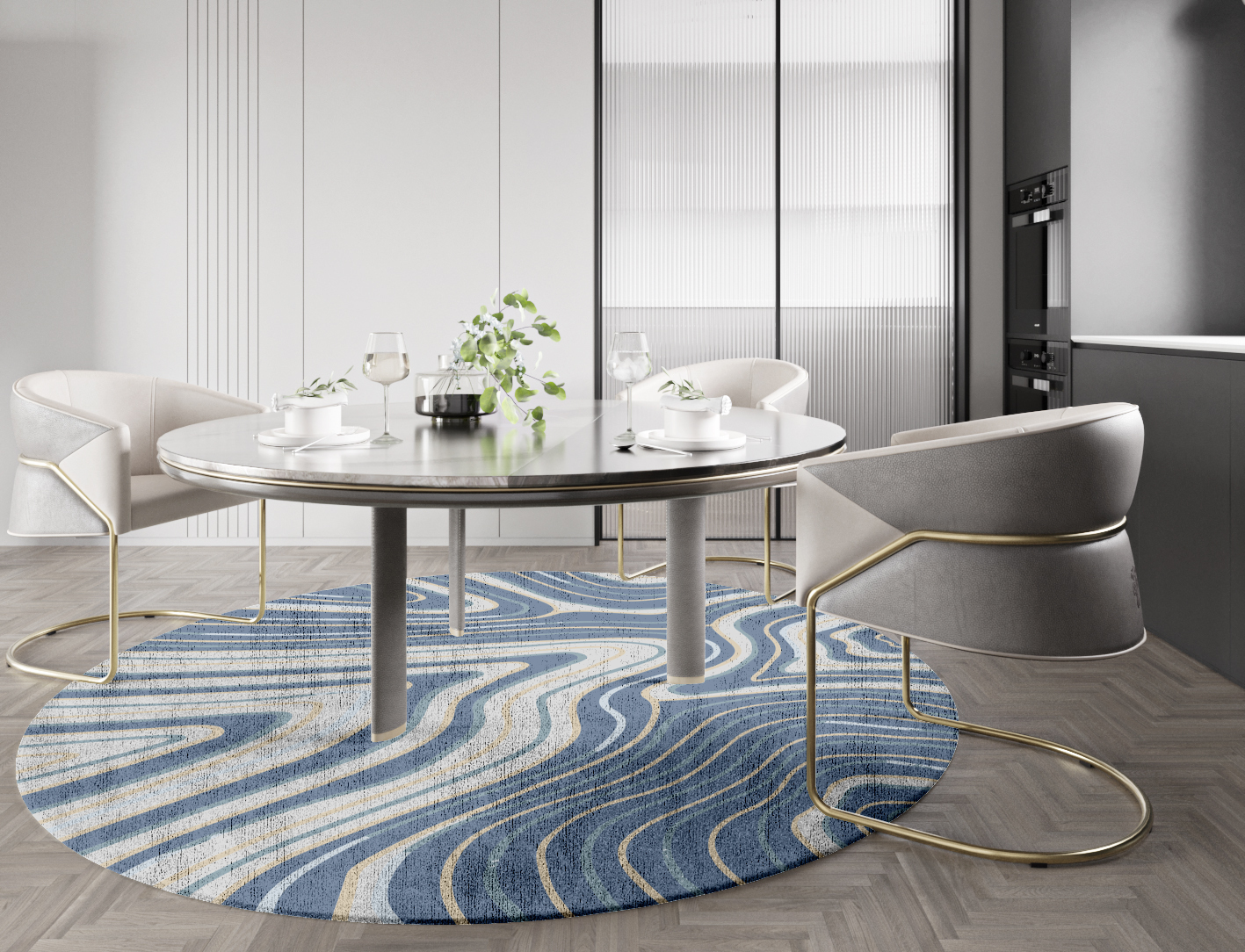 Tread Cerulean Round Hand Knotted Bamboo Silk Custom Rug by Rug Artisan