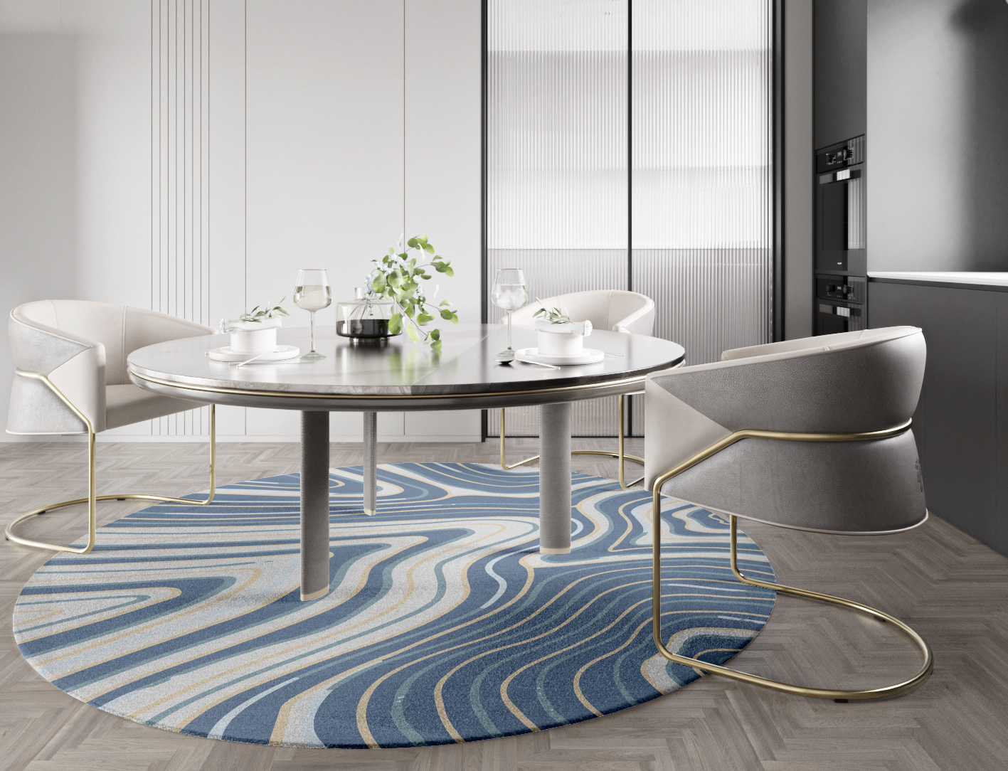 Tread Cerulean Round Hand Knotted Tibetan Wool Custom Rug by Rug Artisan