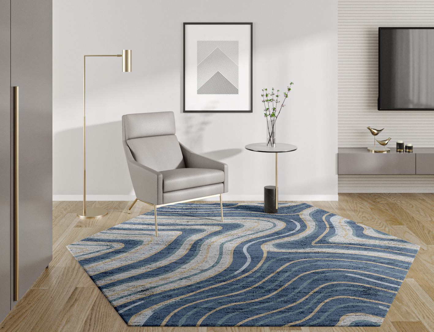 Tread Cerulean Hexagon Hand Tufted Bamboo Silk Custom Rug by Rug Artisan