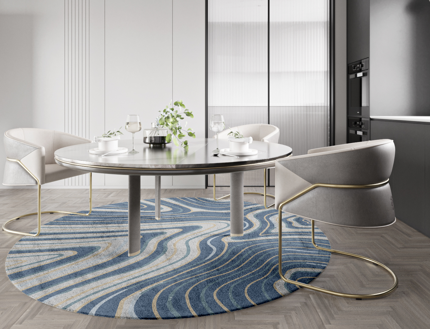 Tread Cerulean Round Hand Tufted Bamboo Silk Custom Rug by Rug Artisan