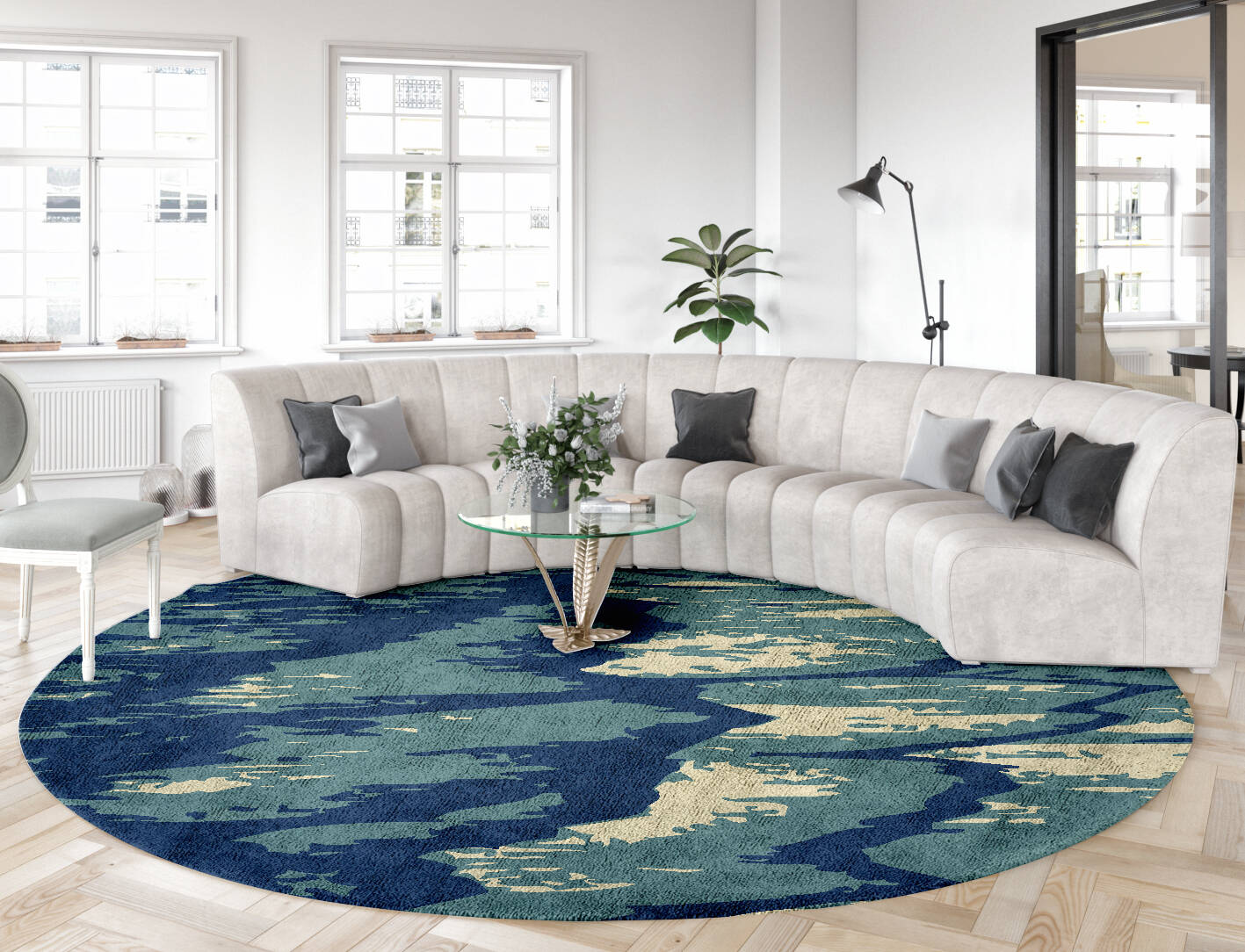 Whitecaps Abstract Round Hand Tufted Bamboo Silk Custom Rug by Rug Artisan