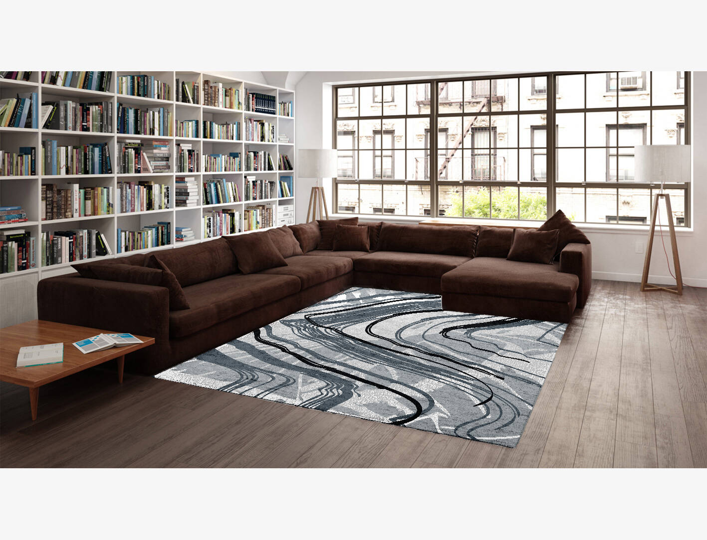 Wind Currents Monochrome Rectangle Hand Knotted Bamboo Silk Custom Rug by Rug Artisan