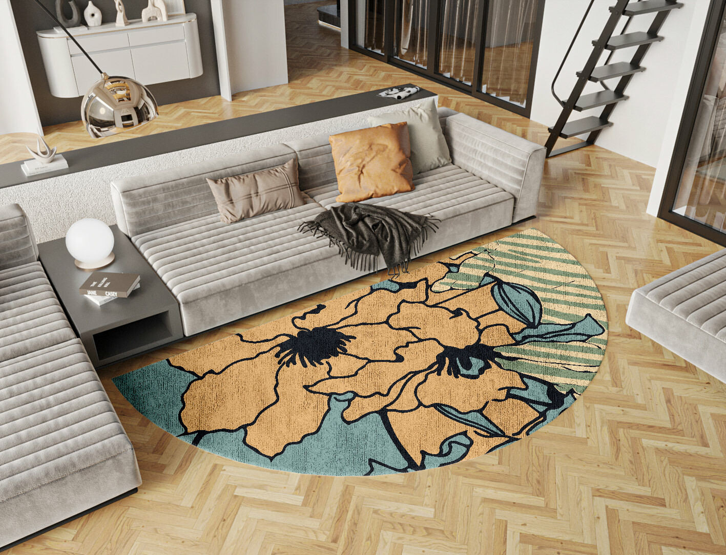 Zinia Field of Flowers Halfmoon Hand Knotted Bamboo Silk Custom Rug by Rug Artisan